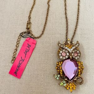 NWT Betsey Johnson Rhinestone Crusted Owl Crown Necklace Brooch Pendant